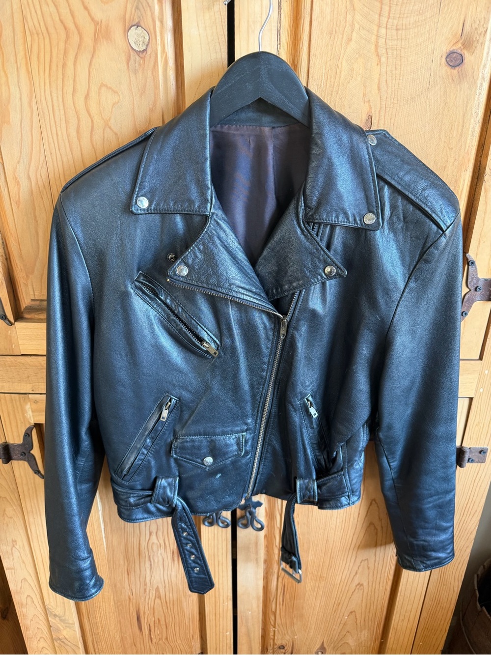 Leatherbound black leather moto jacket with belt
